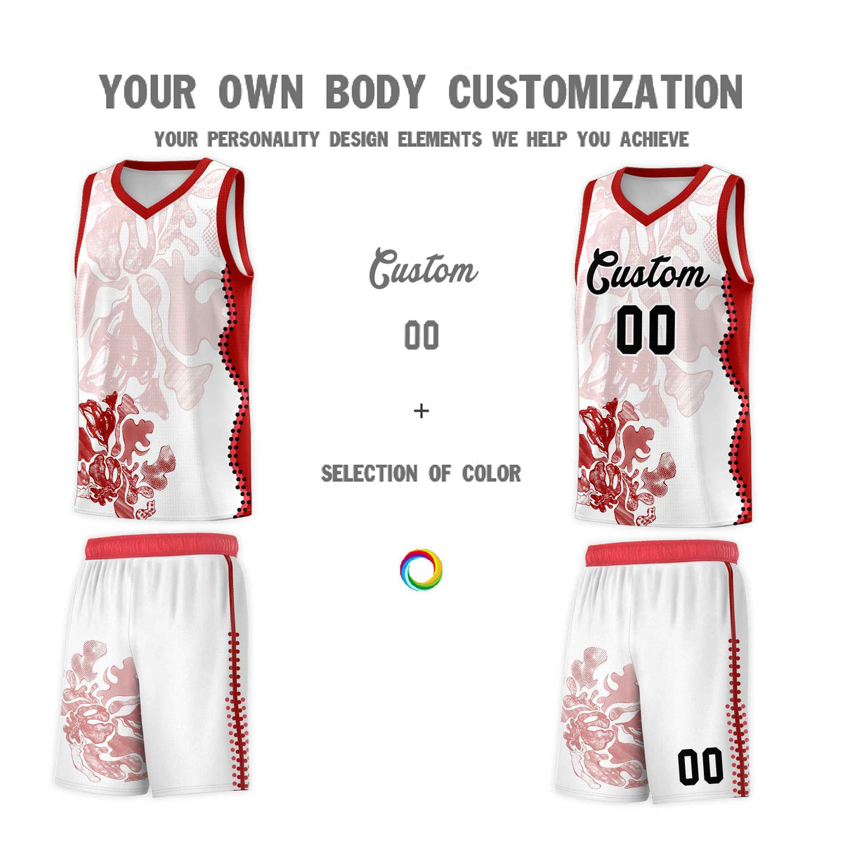 Custom White Red Basketball Jersey - Illusion Flower Graffiti Stretchy Fabric