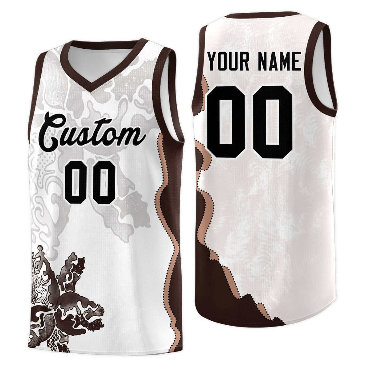 Custom White Brown Basketball Jersey - Illusion Flower Graffiti Quick dry Fabric