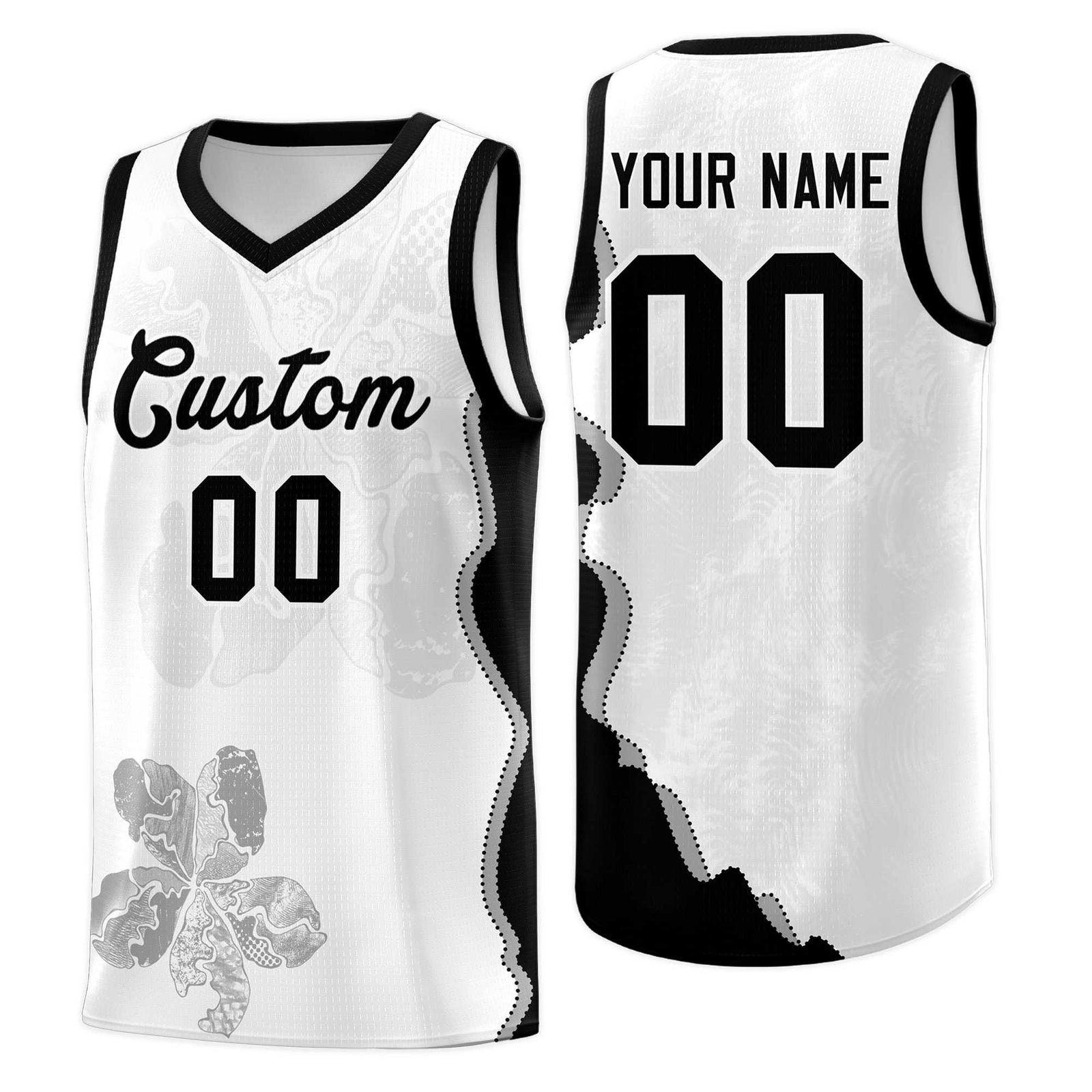 Custom White Black Basketball Jersey - Illusion Flower Graffiti Stylish Fabric