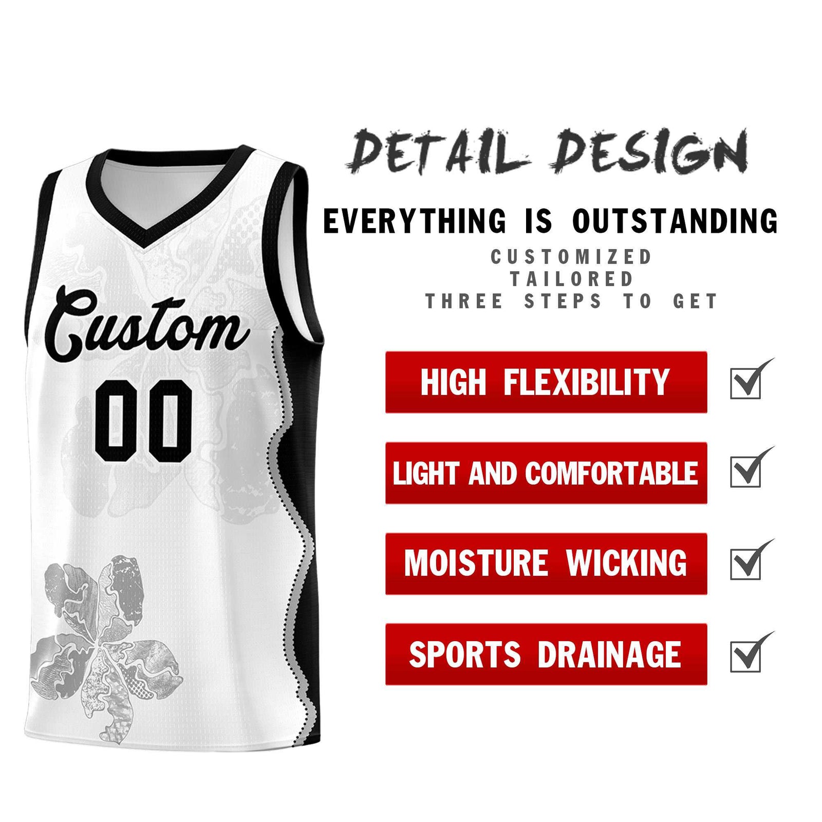 Custom White Black Basketball Jersey - Illusion Flower Graffiti Stylish Fabric