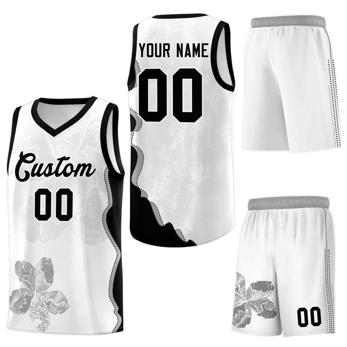 Custom White Black Basketball Jersey - Illusion Flower Graffiti Stretch Fabric