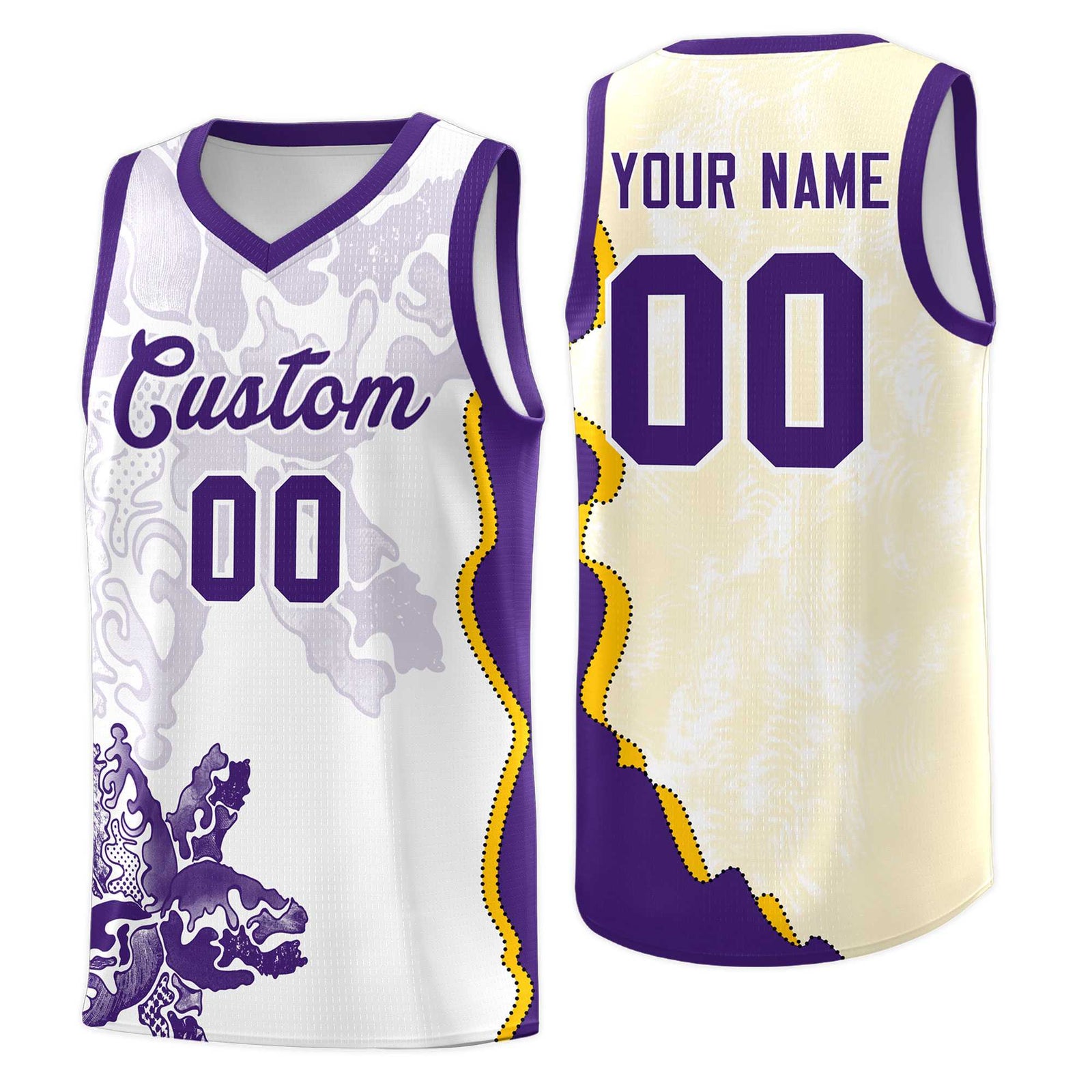 Custom White Purple Basketball Jersey - Illusion Flower Graffiti Moisture-wicking Fabric