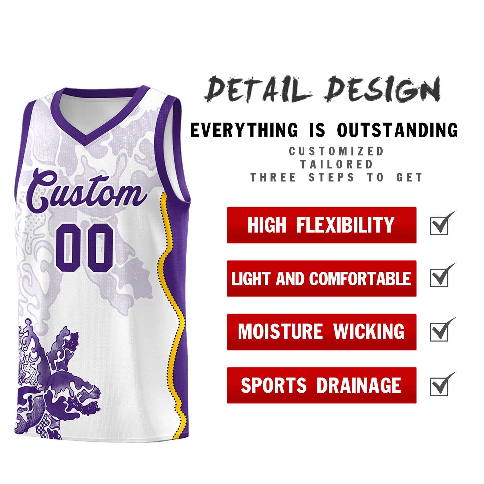 Custom White Purple Basketball Jersey - Illusion Flower Graffiti Moisture-wicking Fabric