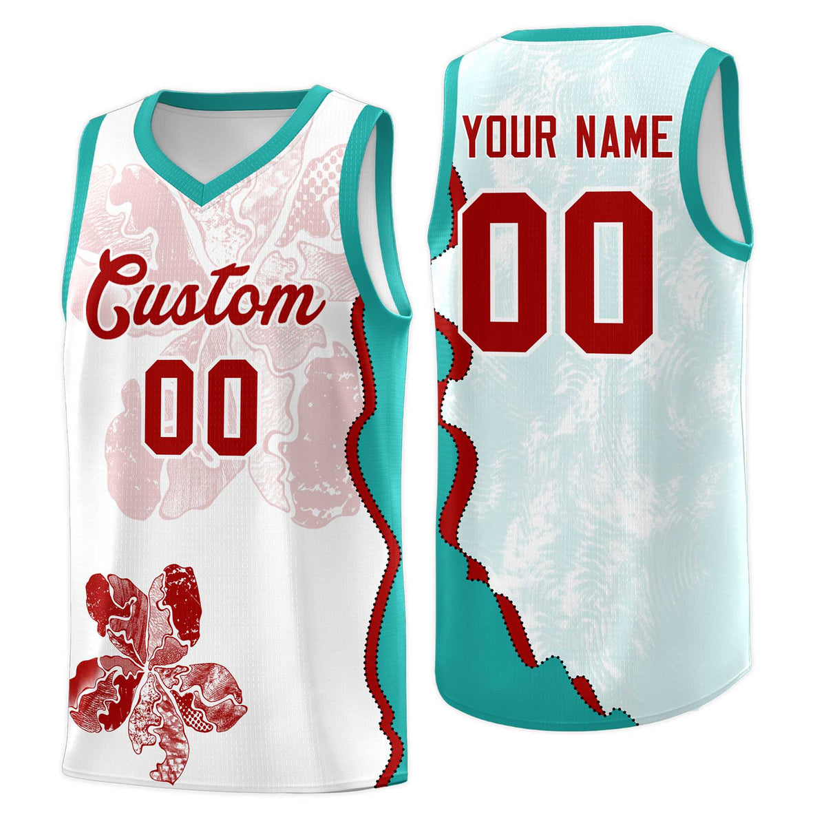 Custom White Aqua Basketball Jersey - Illusion Flower Graffiti Breathable mesh Fabric