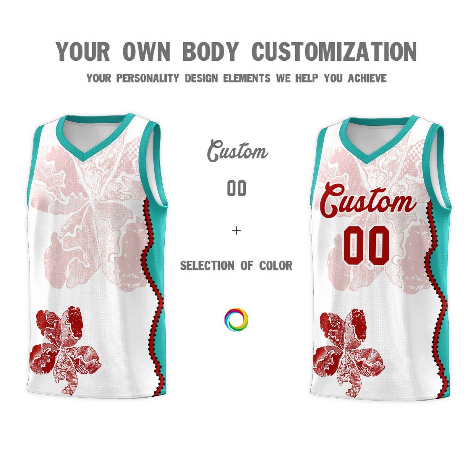 Custom White Aqua Basketball Jersey - Illusion Flower Graffiti Breathable mesh Fabric