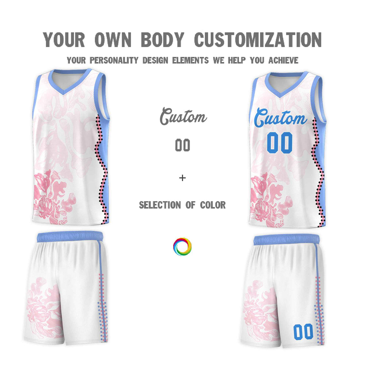 Custom White Light Blue Basketball Jersey - Illusion Flower Graffiti Durable Fabric
