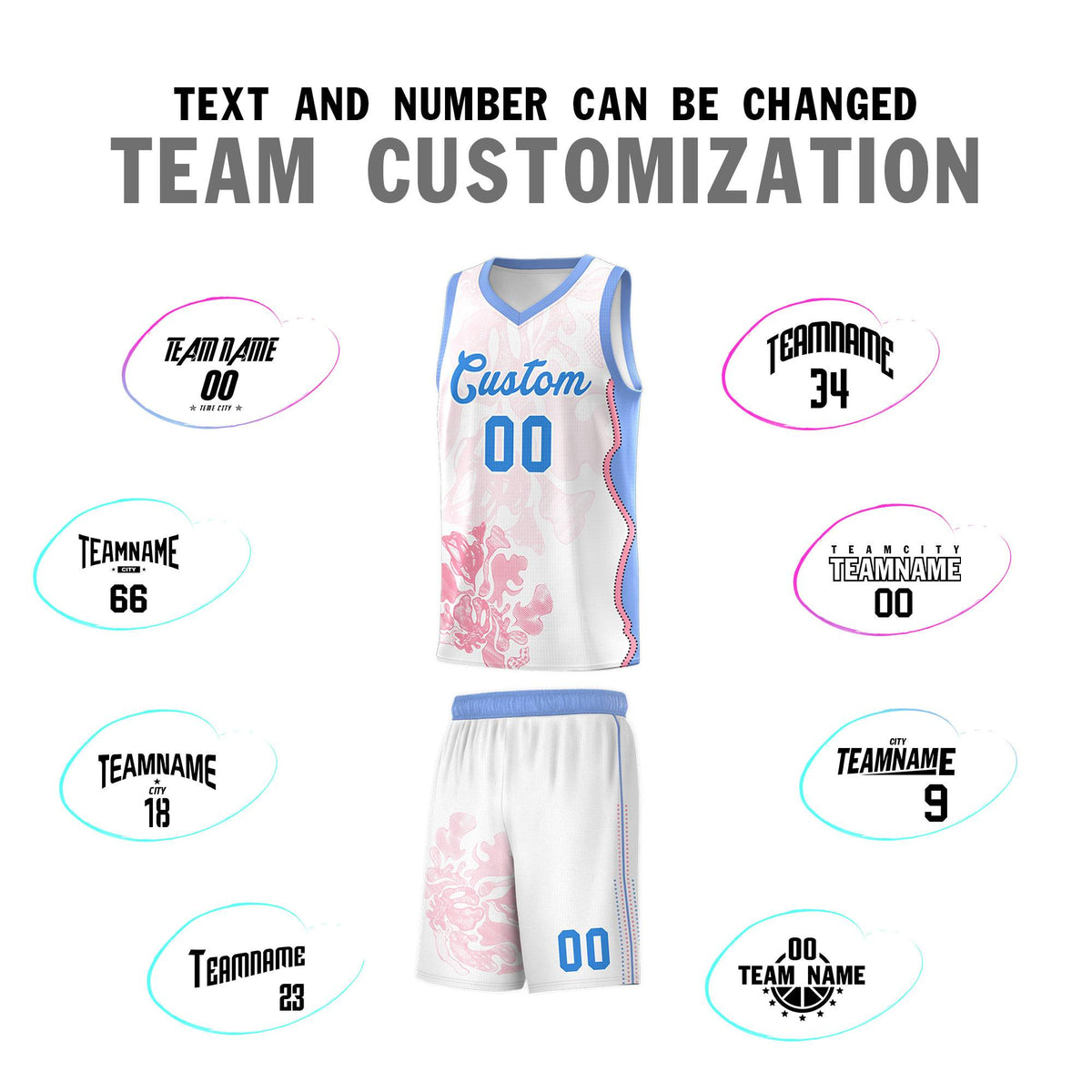 Custom White Light Blue Basketball Jersey - Illusion Flower Graffiti Durable Fabric