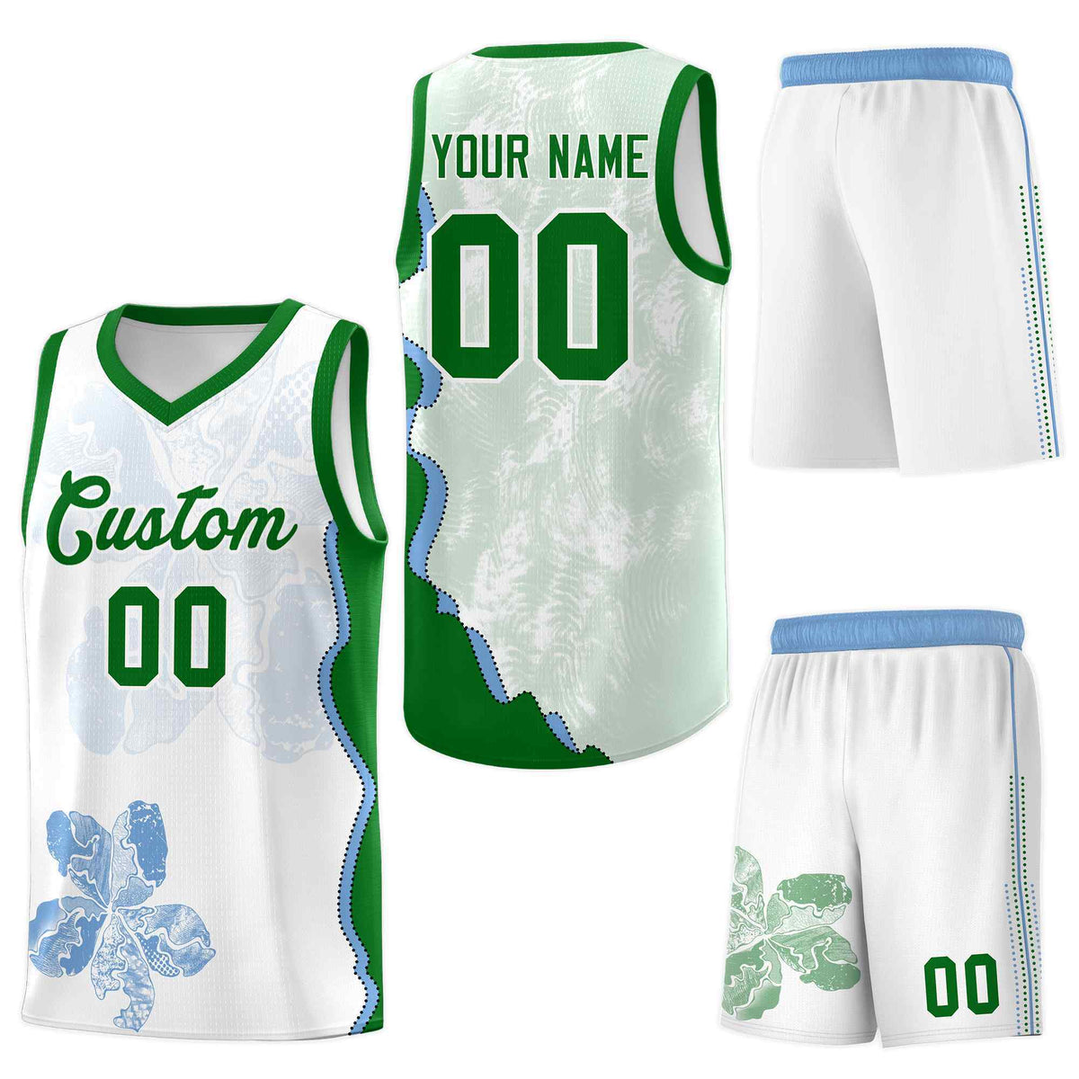 Custom White Kelly Green Basketball Jersey - Illusion Flower Graffiti Drapable