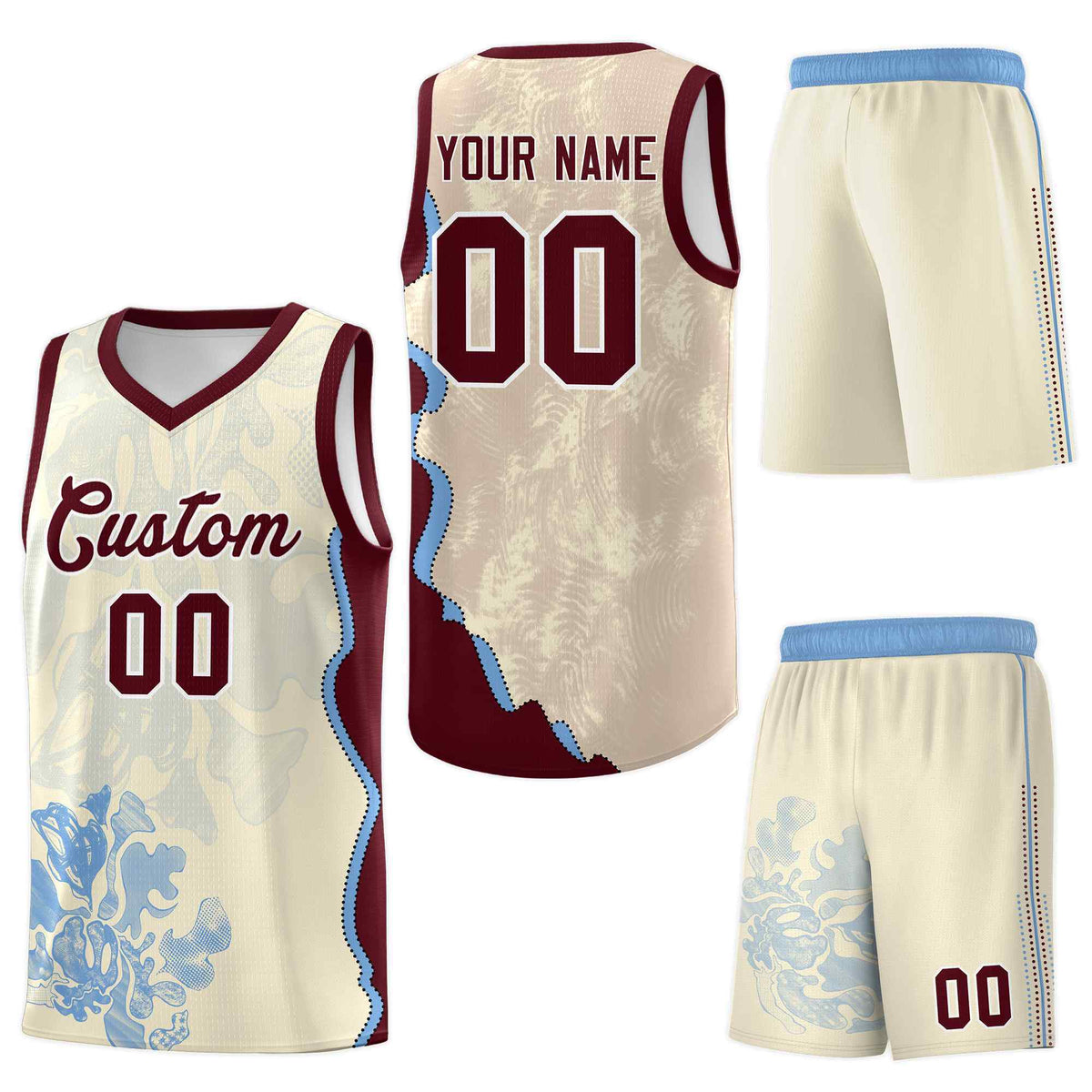 Custom Cream Burgundy Basketball Jersey - Illusion Flower Graffiti Sublimation Printing