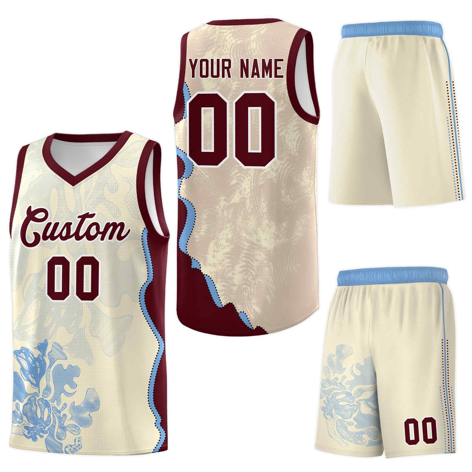 Custom Cream Burgundy Basketball Jersey - Illusion Flower Graffiti Sublimation Printing
