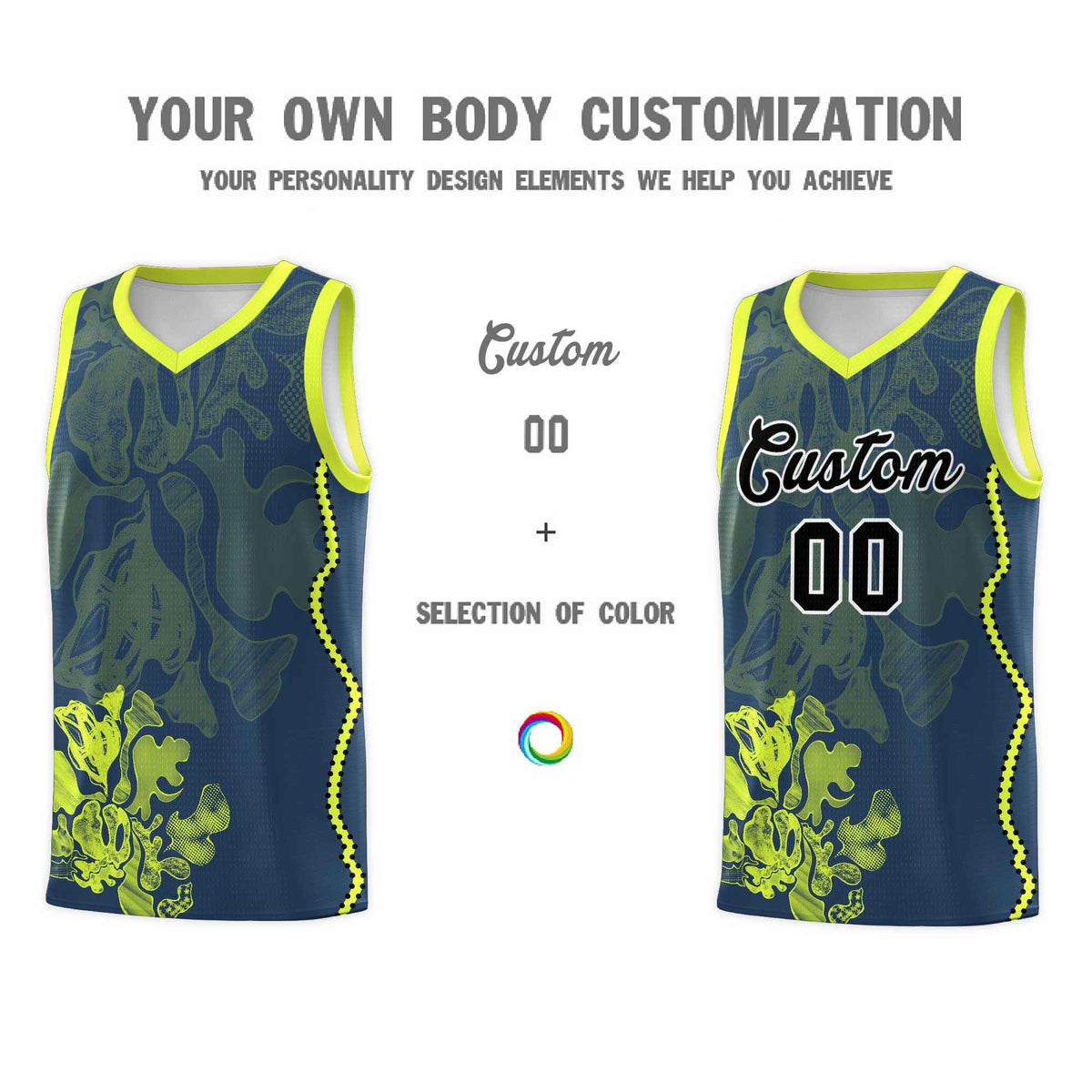 Custom Midnight Blue Fluorescent Green Basketball Jersey - Illusion Flower Graffiti Stylish Fabric