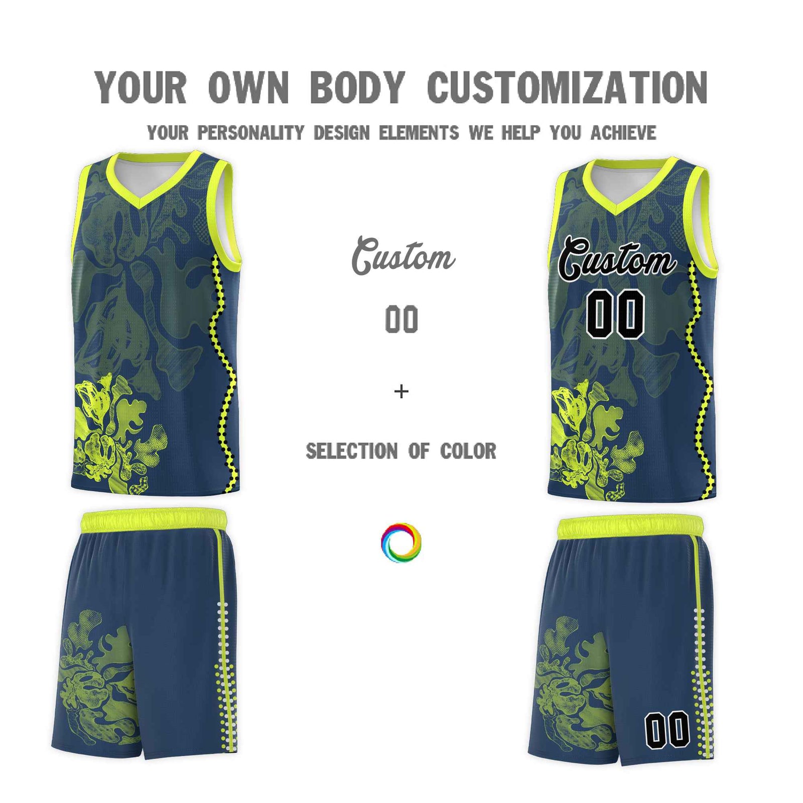 Custom Midnight Blue Fluorescent Green Basketball Jersey - Illusion Flower Graffiti Stylish Fabric