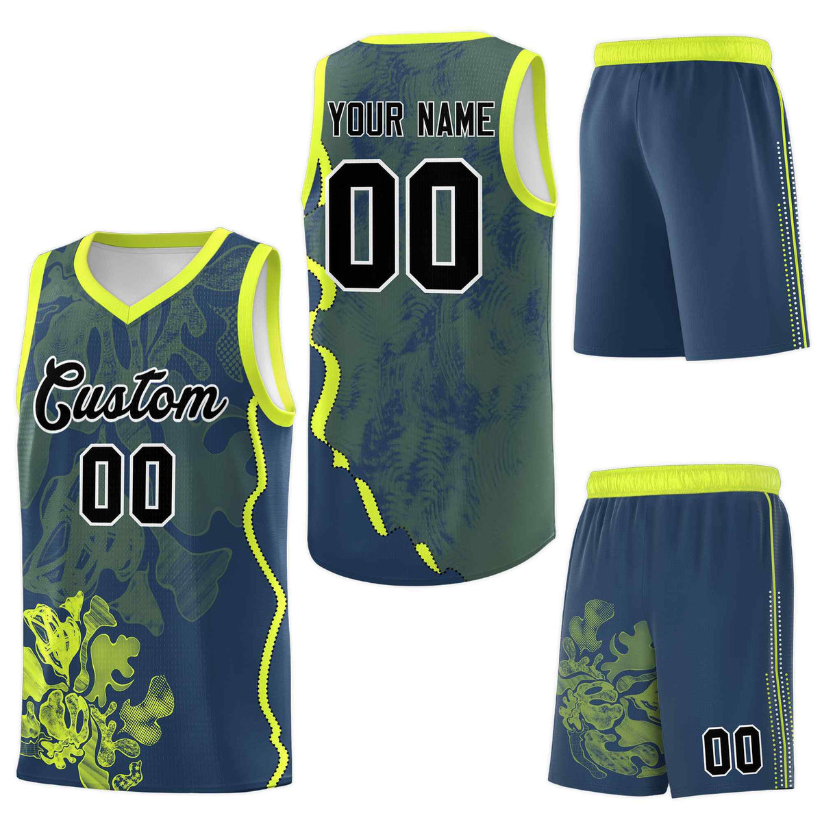Custom Midnight Blue Fluorescent Green Basketball Jersey - Illusion Flower Graffiti Wrinkle-Resistant
