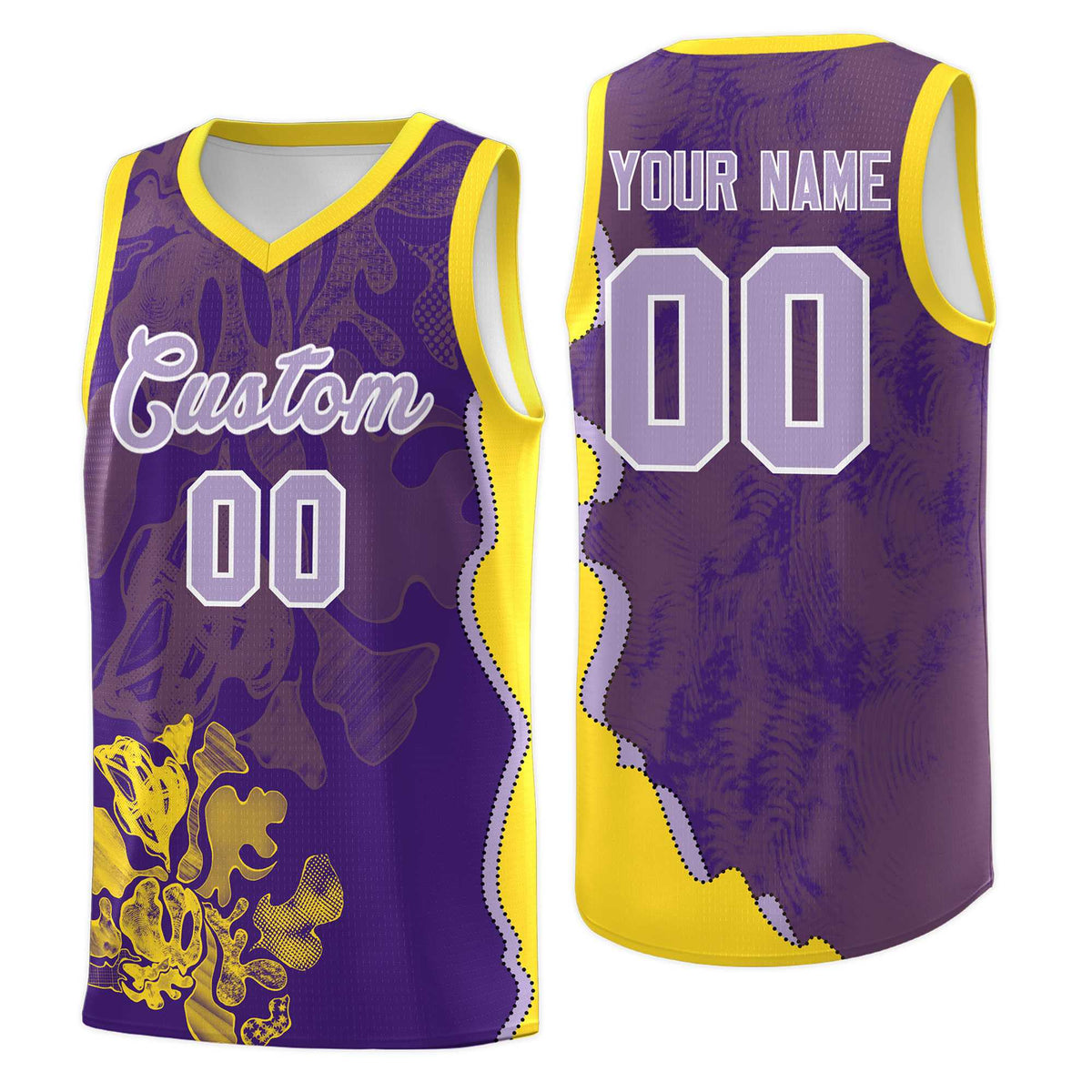 Custom Purple Gold Basketball Jersey - Illusion Flower Graffiti Breathable mesh Fabric