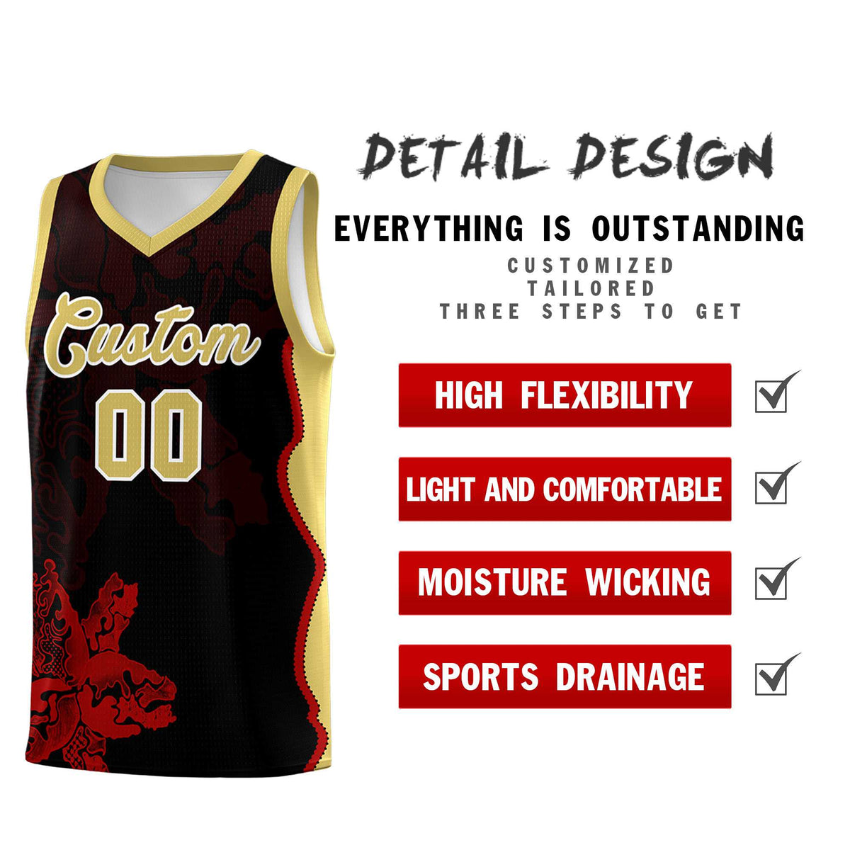 Custom Black Old Gold Basketball Jersey - Illusion Flower Graffiti Durable Fabric
