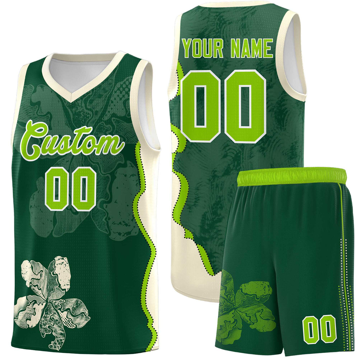 Custom Green Cream Basketball Jersey - Illusion Flower Graffiti Breathable Fabric