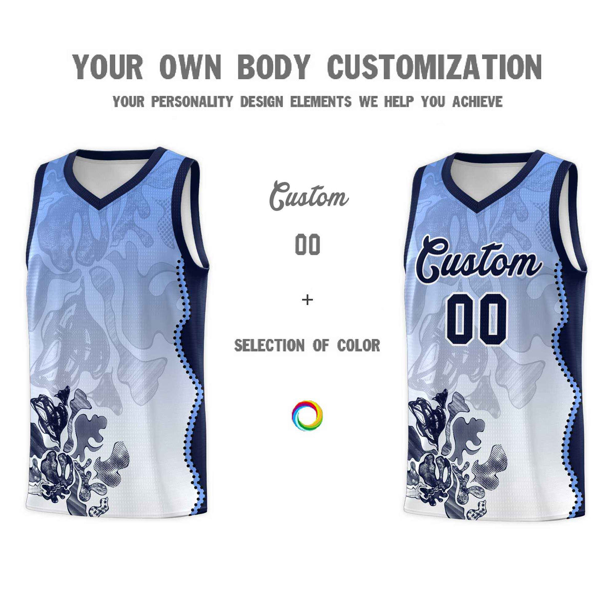 Custom White Navy Basketball Jersey - Illusion Flower Gradient Moisture wicking Fabric