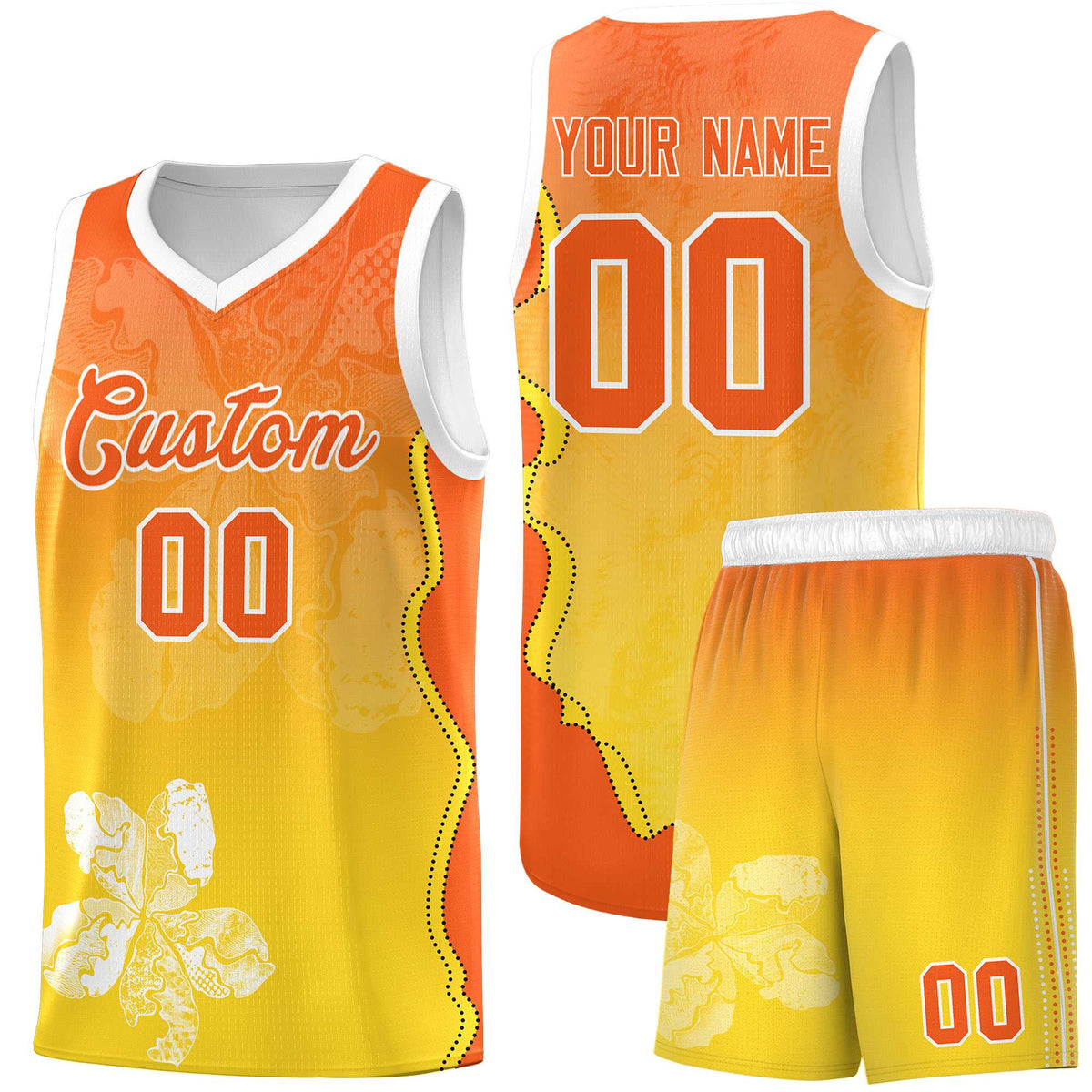 Custom Gold Orange Basketball Jersey - Illusion Flower Gradient Unique Fabric