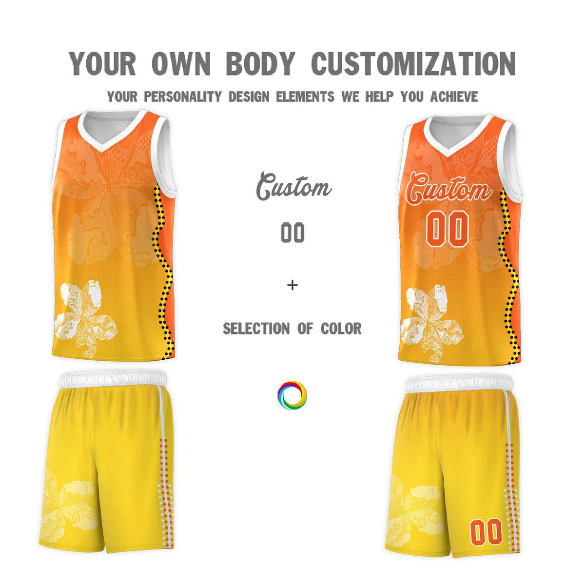 Custom Gold Orange Basketball Jersey - Illusion Flower Gradient Unique Fabric
