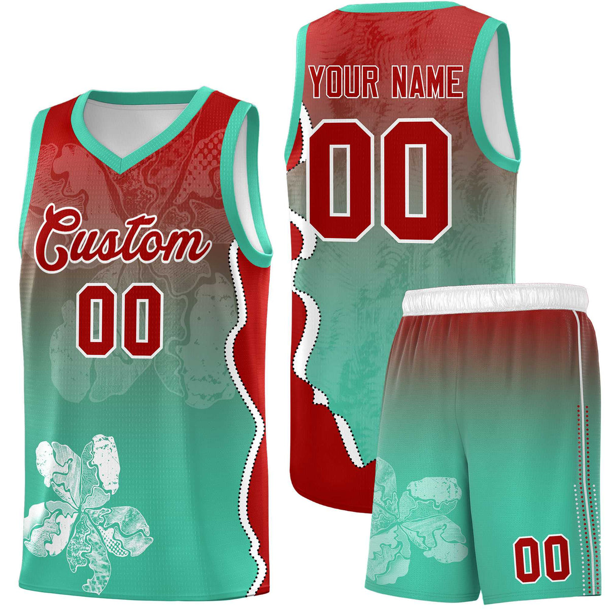 Custom Bright Green Red Basketball Jersey - Illusion Flower Gradient Durable Fabric