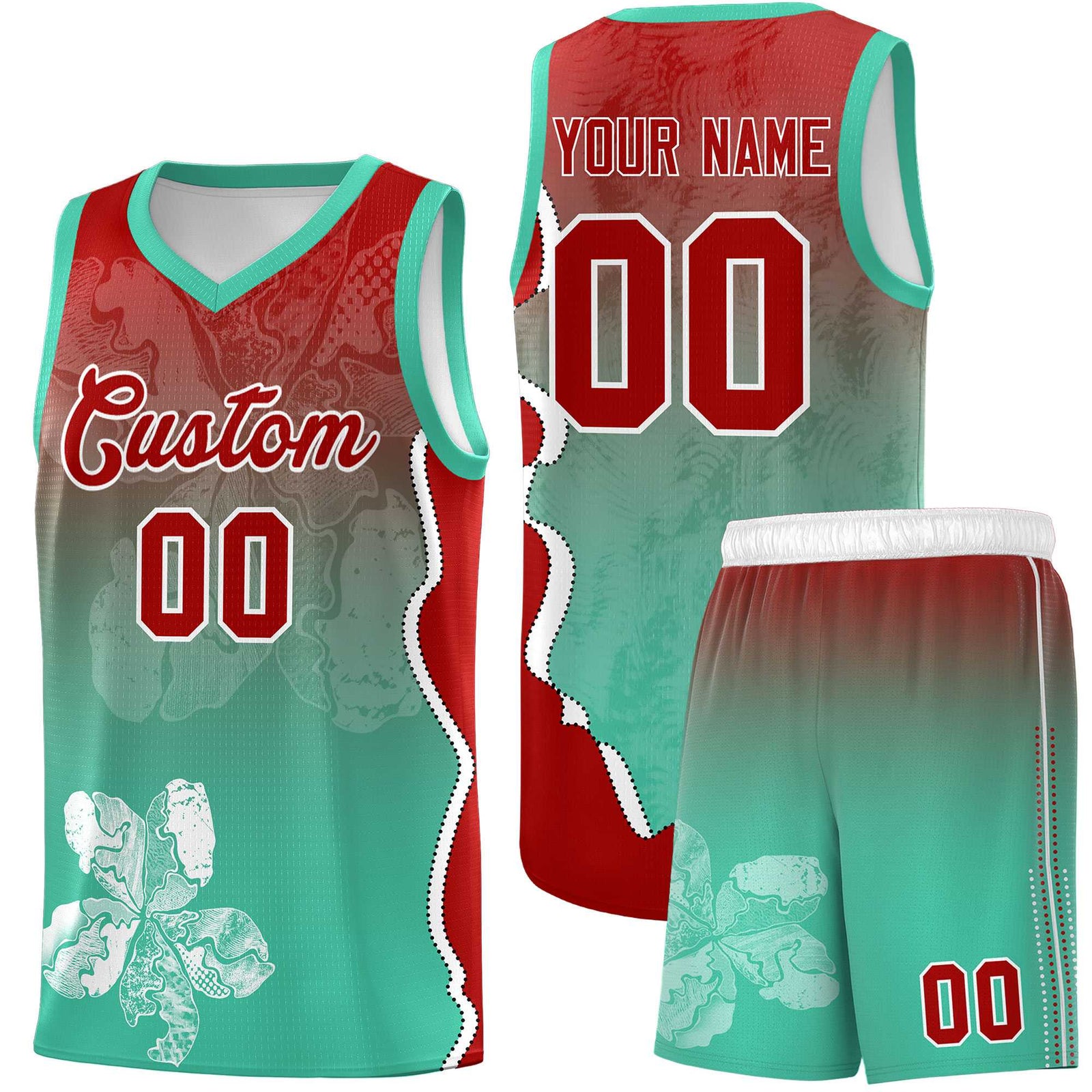Custom Bright Green Red Basketball Jersey - Illusion Flower Gradient Durable Fabric