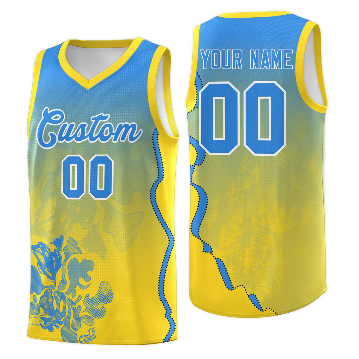 Custom Gold Light Blue Basketball Jersey - Illusion Flower Gradient Breathable Fabric