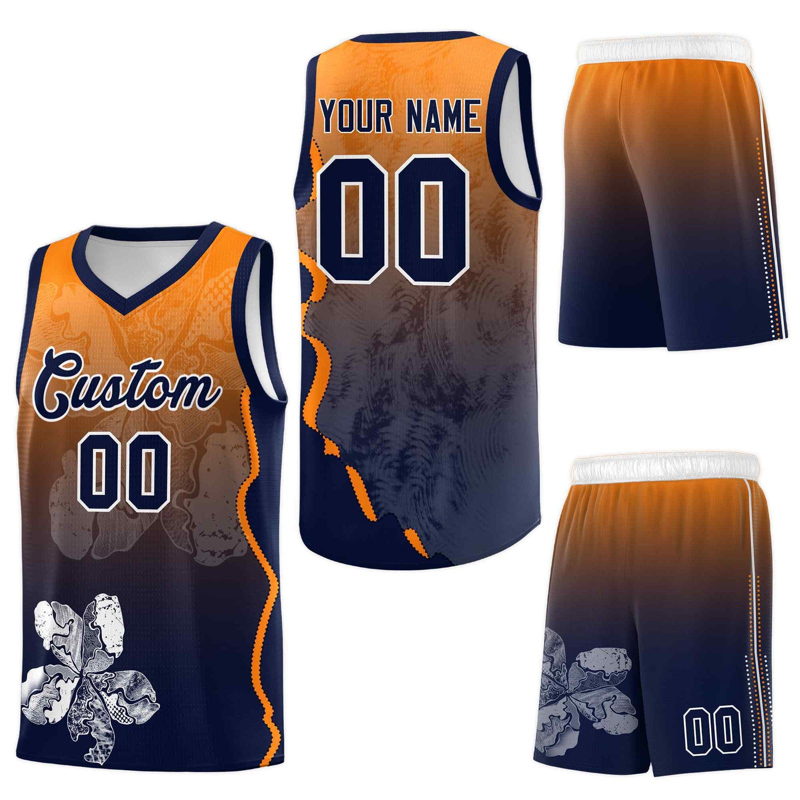Custom Navy Orange Basketball Jersey - Illusion Flower Gradient Breathable