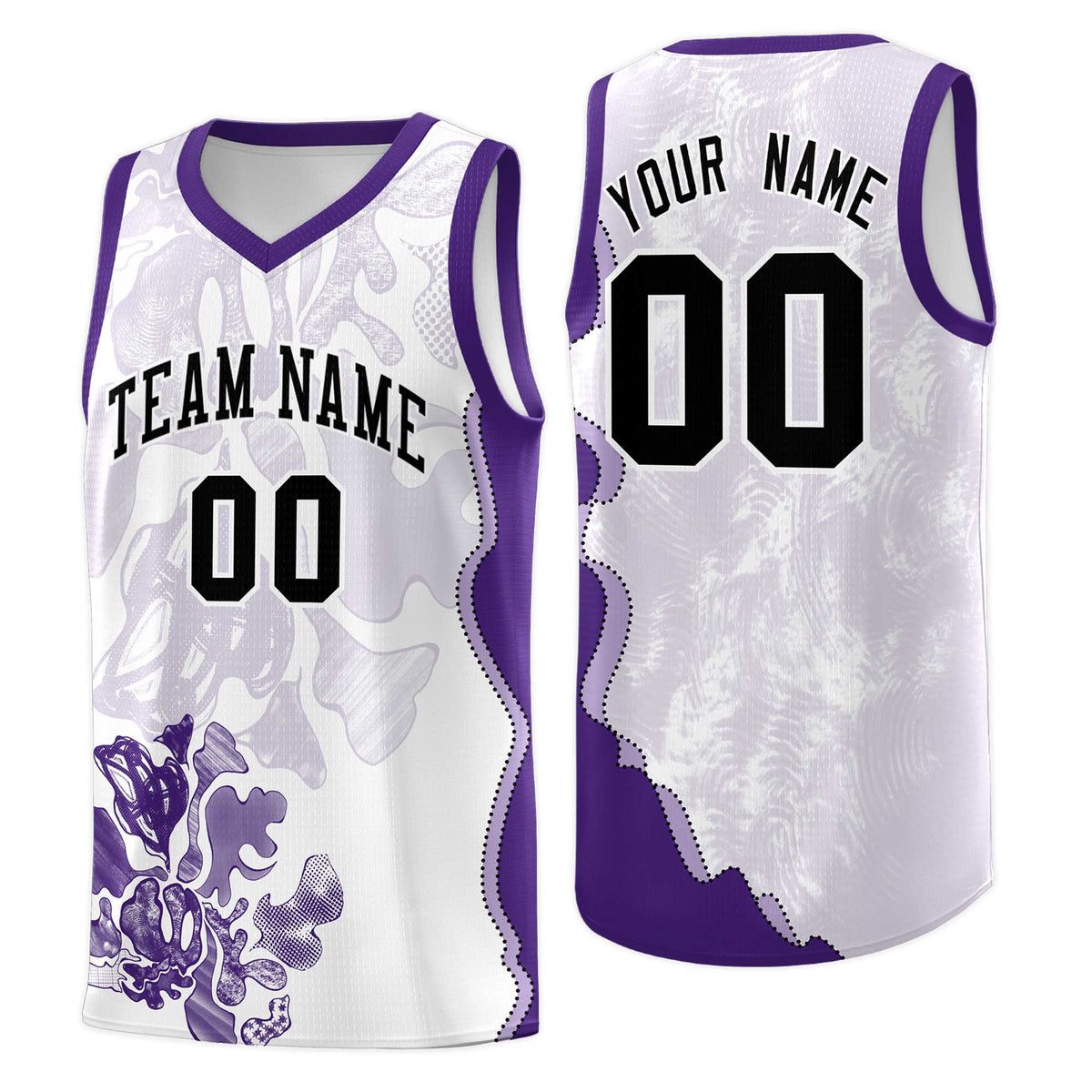 Custom White Purple Basketball Jersey - Illusion Flower Graffiti Moisture-wicking Fabric