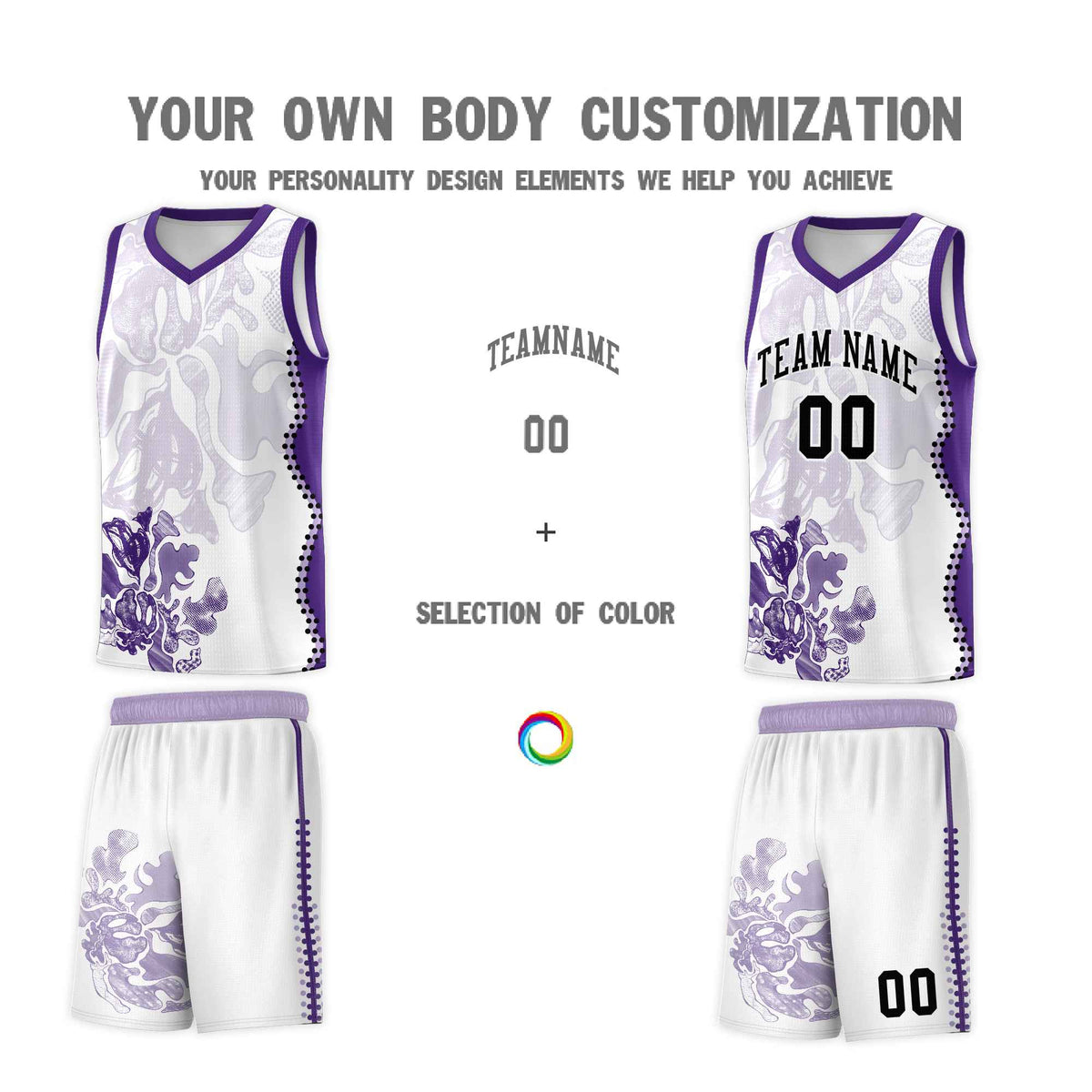 Custom White Purple Basketball Jersey - Illusion Flower Graffiti Moisture-wicking Fabric