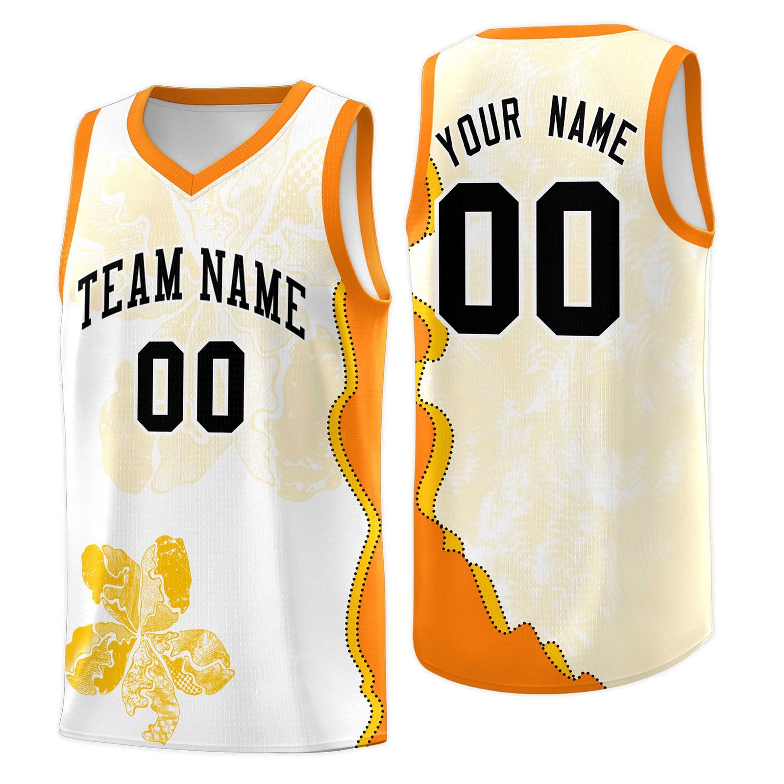 Custom White Orange Basketball Jersey - Illusion Flower Graffiti Durable Fabric