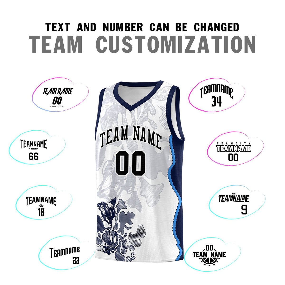 Custom White Navy Basketball Jersey - Illusion Flower Graffiti Breathable Fabric