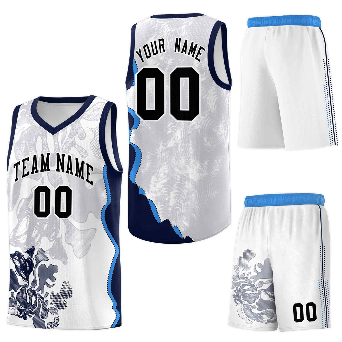 Custom White Navy Basketball Jersey - Illusion Flower Graffiti Breathable