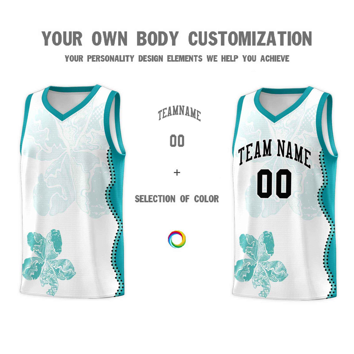 Custom White Teal Basketball Jersey - Illusion Flower Graffiti Lightweight Fabric