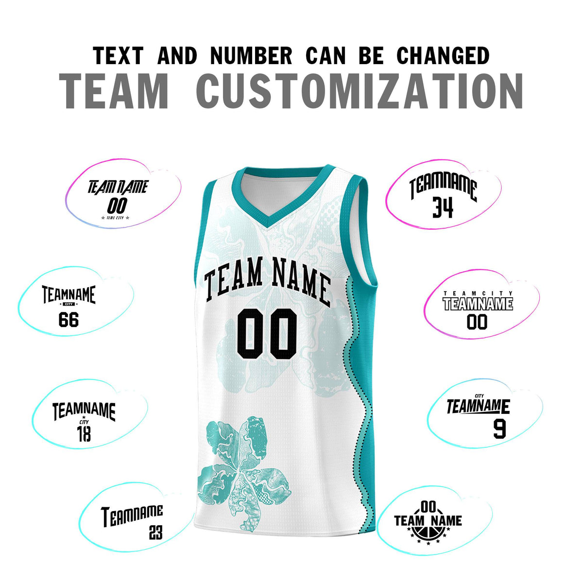 Custom White Teal Basketball Jersey - Illusion Flower Graffiti Lightweight Fabric
