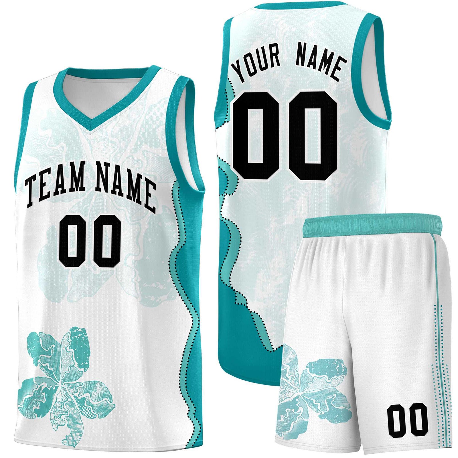 Custom White Teal Basketball Jersey - Illusion Flower Graffiti Lightweight Fabric