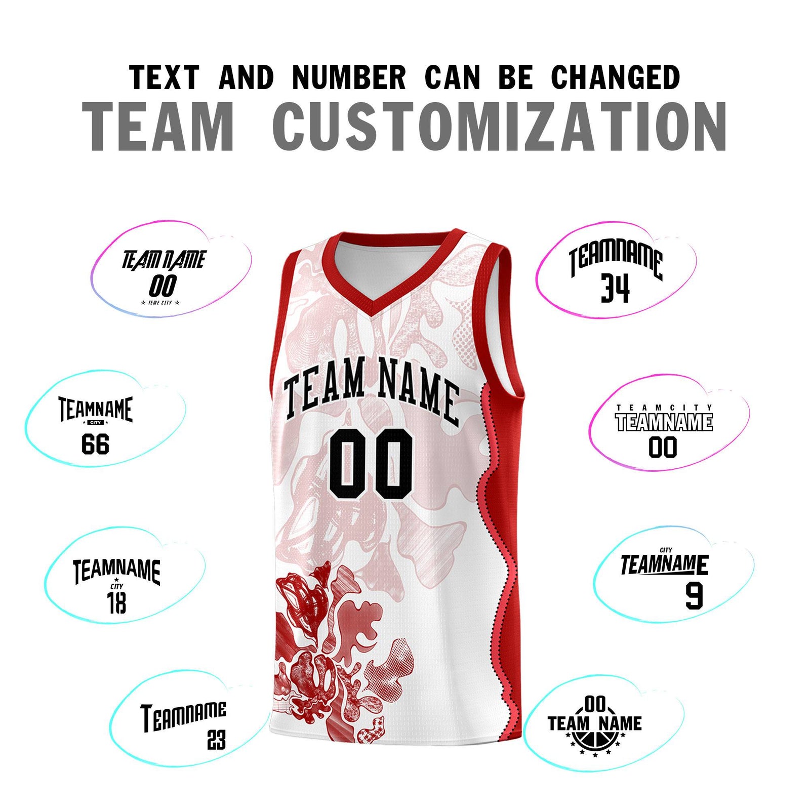 Custom White Red Basketball Jersey - Illusion Flower Graffiti Stretchy Fabric