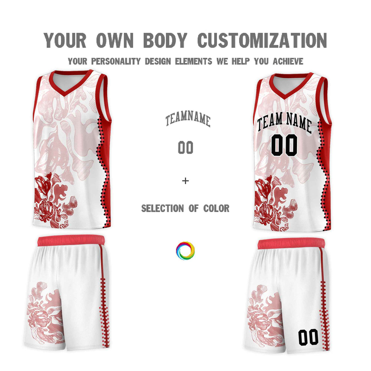 Custom White Red Basketball Jersey - Illusion Flower Graffiti Stretchy Fabric