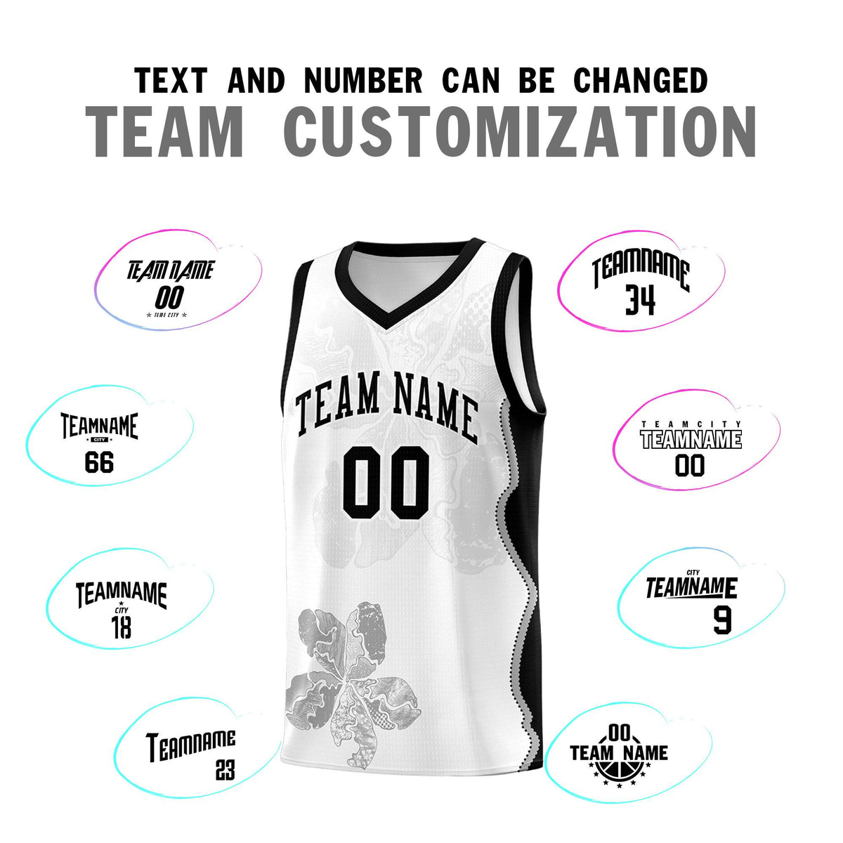 Custom White Black Basketball Jersey - Illusion Flower Graffiti Stylish Fabric