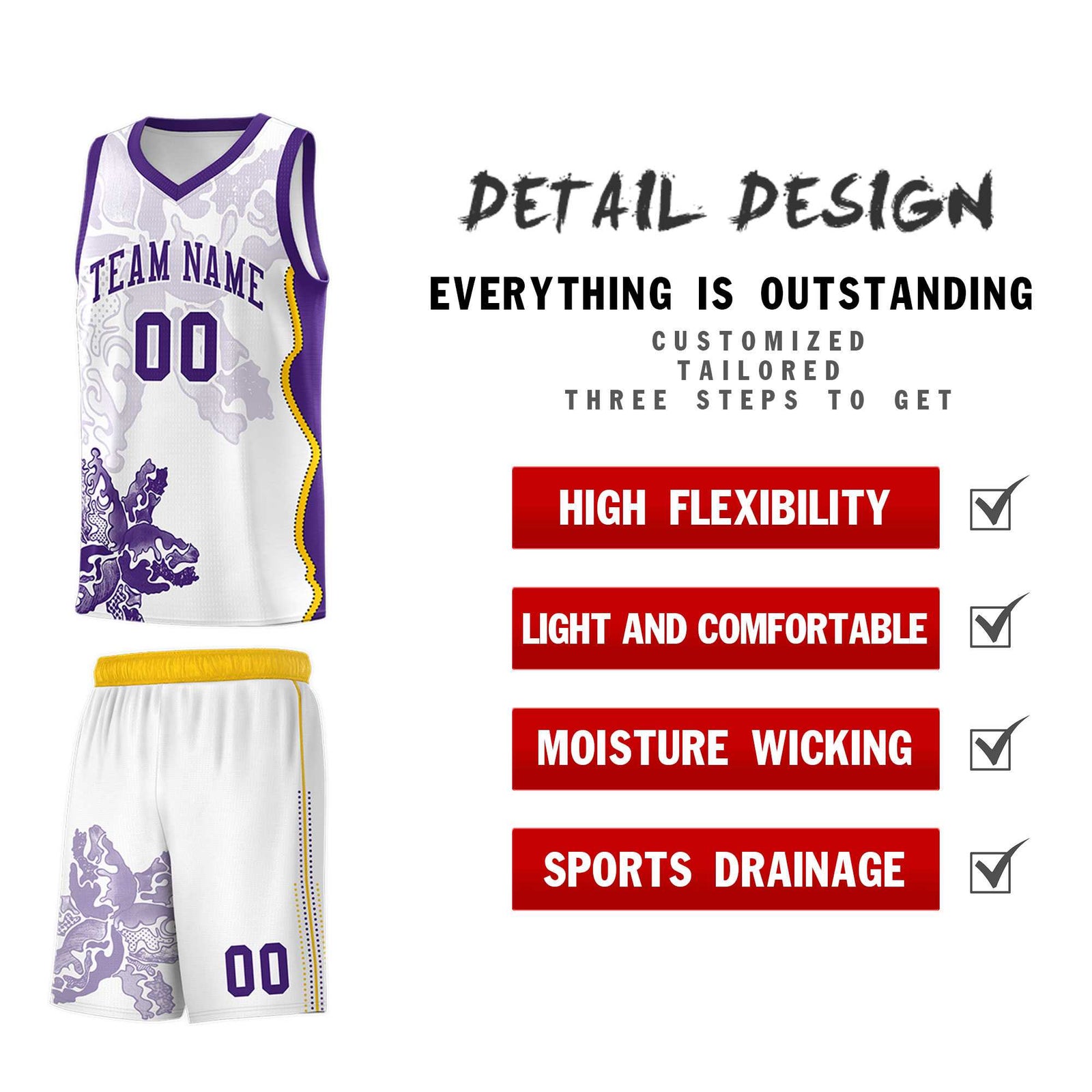 Custom White Purple Basketball Jersey - Illusion Flower Graffiti Moisture-wicking Fabric
