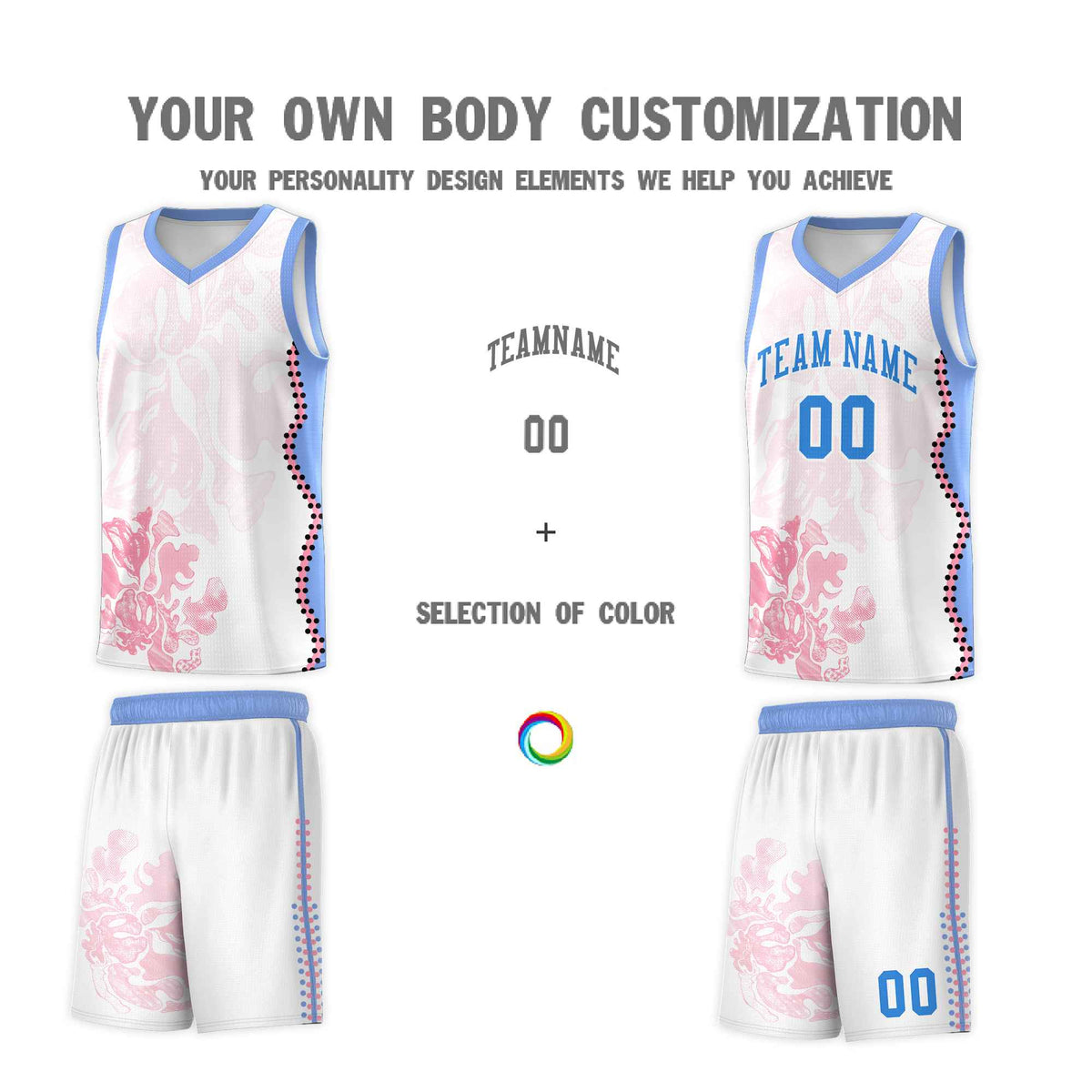 Custom White Light Blue Basketball Jersey - Illusion Flower Graffiti Durable Fabric