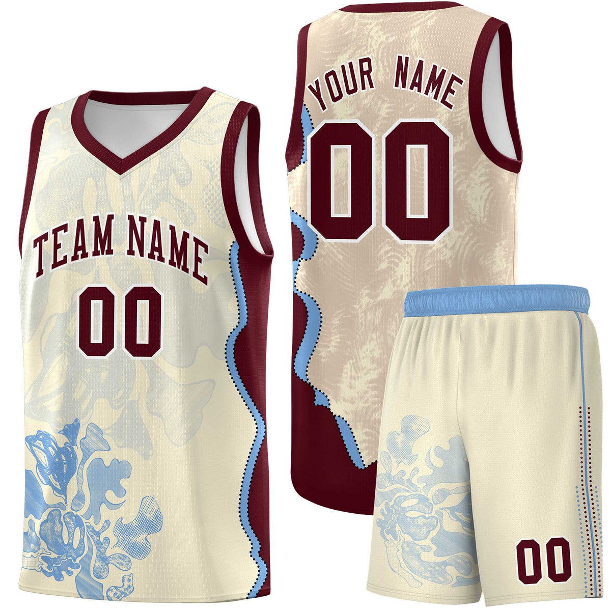 Custom Cream Burgundy Basketball Jersey - Illusion Flower Graffiti Lightweight Fabric