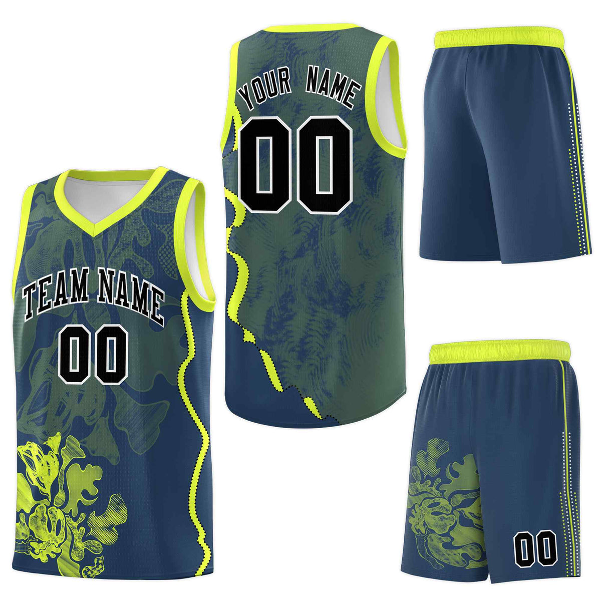 Custom Midnight Blue Fluorescent Green Basketball Jersey - Illusion Flower Graffiti Wrinkle-Resistant