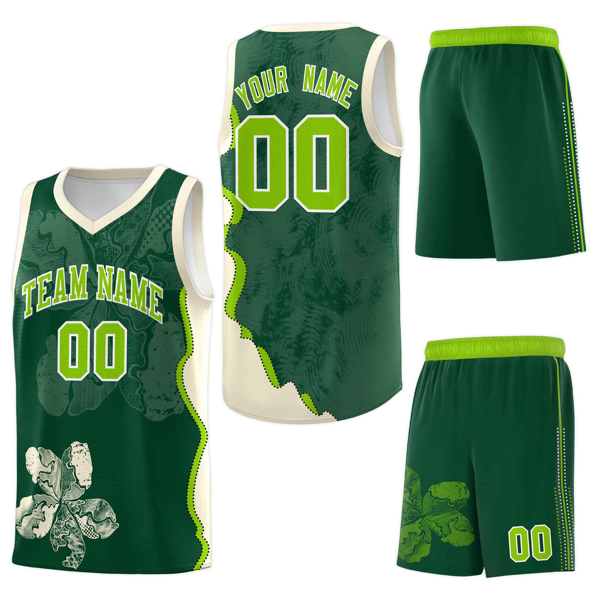 Custom Green Cream Basketball Jersey - Illusion Flower Graffiti Sublimation Printing