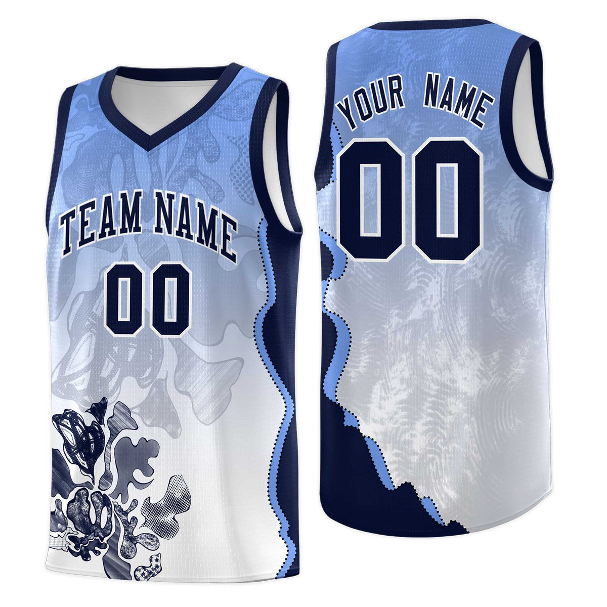 Custom White Navy Basketball Jersey - Illusion Flower Gradient Moisture wicking Fabric