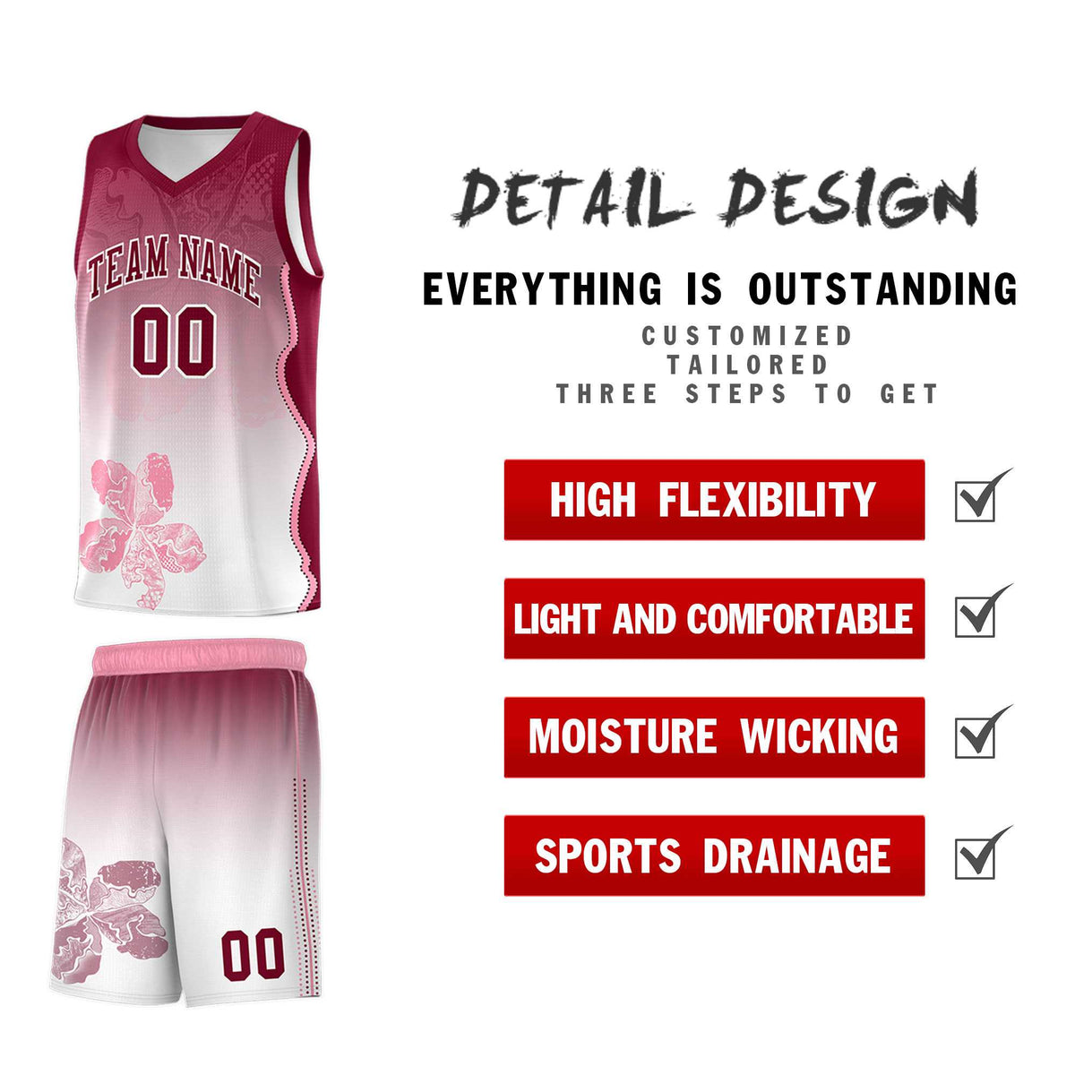Custom White Crimson Basketball Jersey - Illusion Flower Gradient Stretchy Fabric