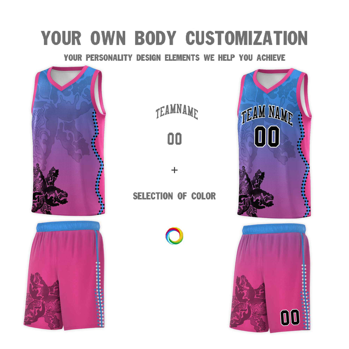 Custom Pink Light Blue Basketball Jersey - Illusion Flower Gradient Breathable mesh Fabric