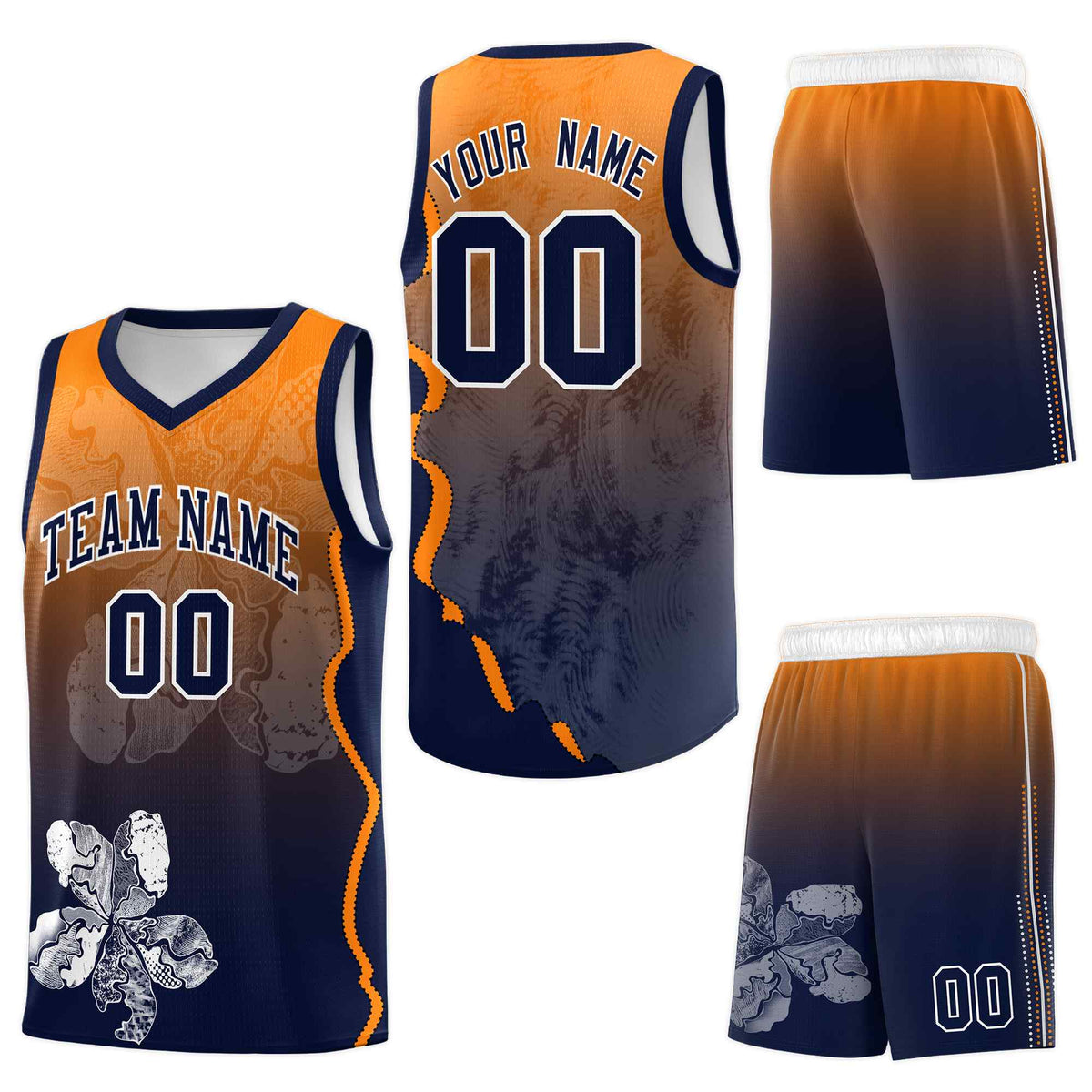 Custom Navy Orange Basketball Jersey - Illusion Flower Gradient Breathable