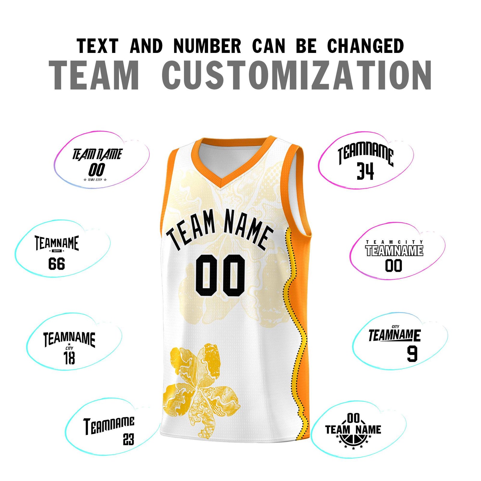 Custom White Orange Basketball Jersey - Illusion Flower Graffiti Durable Fabric