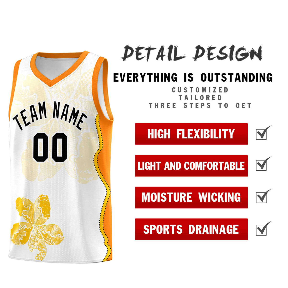 Custom White Orange Basketball Jersey - Illusion Flower Graffiti Durable Fabric