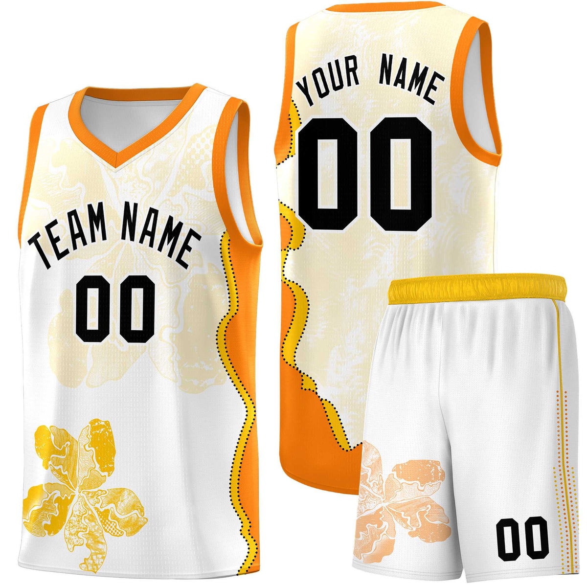 Custom White Orange Basketball Jersey - Illusion Flower Graffiti Durable Fabric